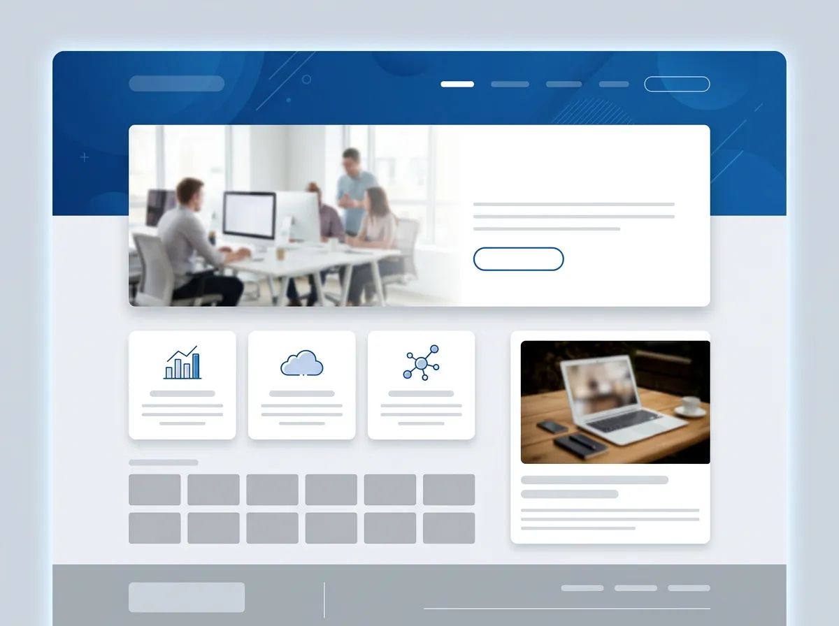 Mockup of a modern landing page design with a blue header.
