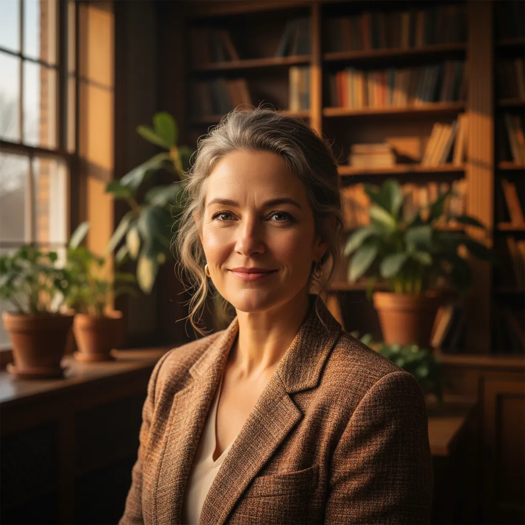 Square portrait of a featured guest mentor, Maya Solace, rich warm tones, natural expression, editorial portrait that supports an announcement tone.