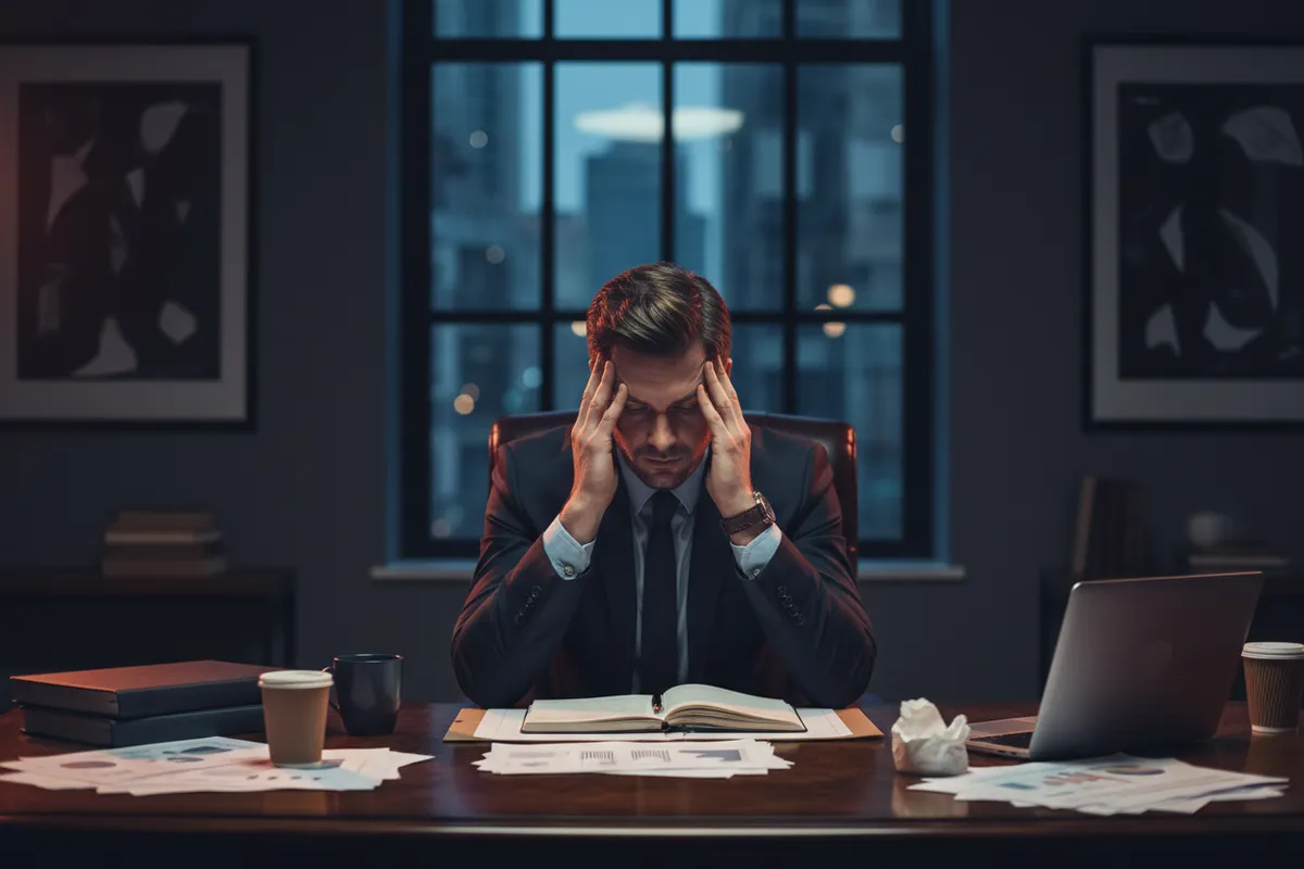 Stressed entrepreneur portrait in cinematic lighting