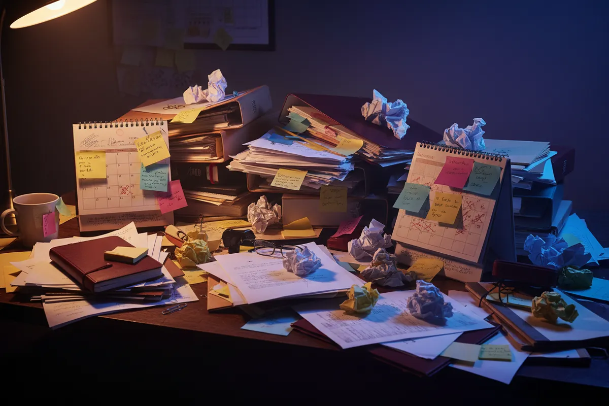 A chaotic desk covered in messy paperwork and sticky notes