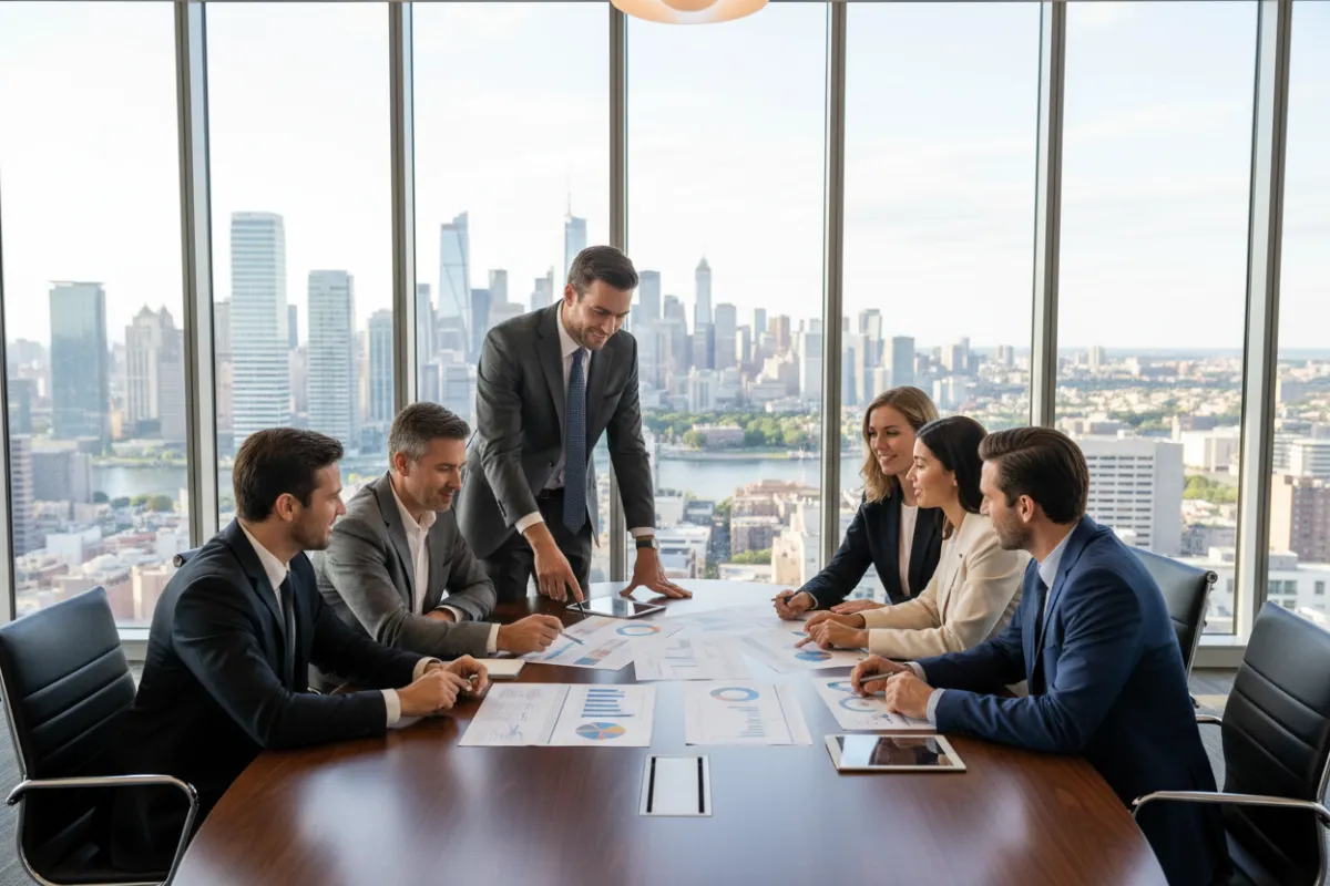 A diverse group of business leaders in a modern glass-walled boardroom, collaborating over strategic documents and digital tablets, with city skyline visible through the windows. The scene is dynamic, professional, and exudes confidence and teamwork.