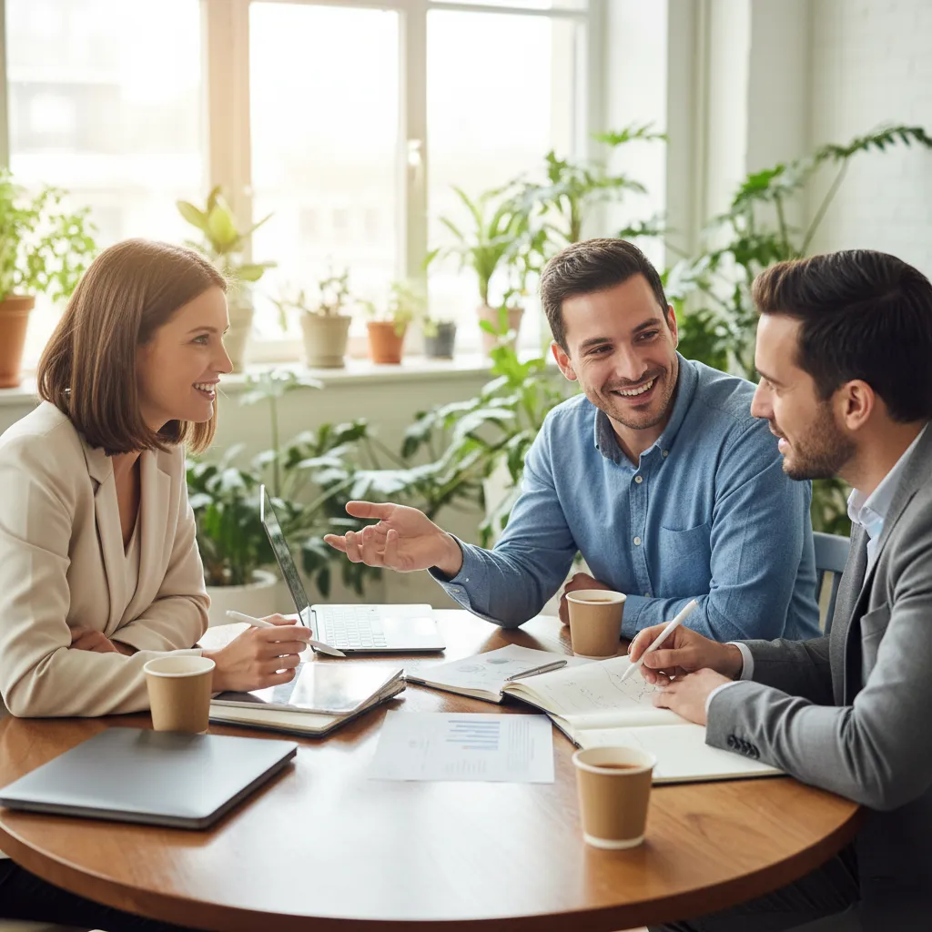 A close-up of three consultants—one woman and two men—engaged in a lively discussion at a round table, with notepads and laptops. The background is a bright, open office with plants and natural light, conveying approachability and expertise.