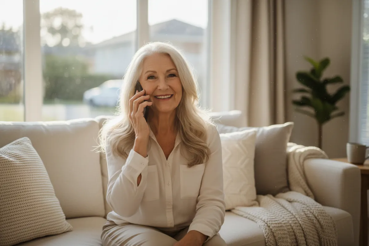 Elderly woman smiling while talking on the phone, sunlight streaming through a window, modern living room, warm and safe atmosphere