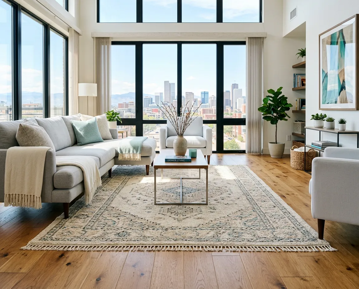 Bright, sunlit Denver living room featuring an impeccably cleaned artisan area rug on wood flooring