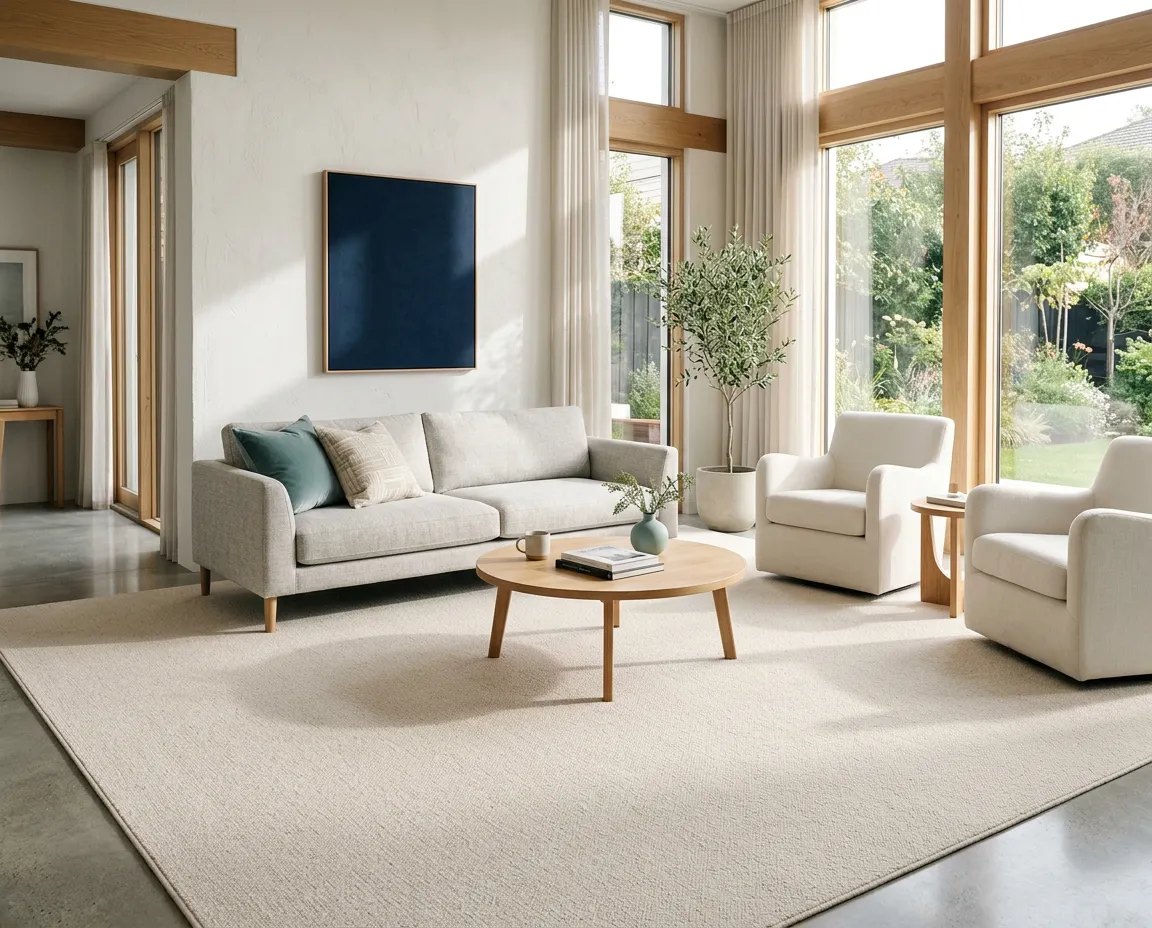 Bright, sunlit modern living room with clean, freshly detailed carpet and elegant neutral furniture