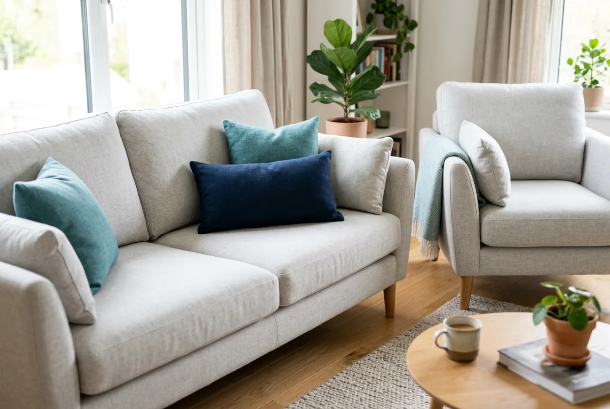Fabric couch and upholstered armchair refreshed and cleaned