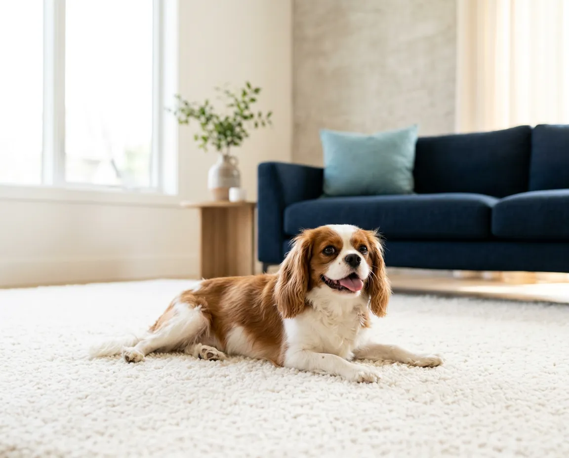 Bright and clean living room carpet with a happy dog resting comfortably