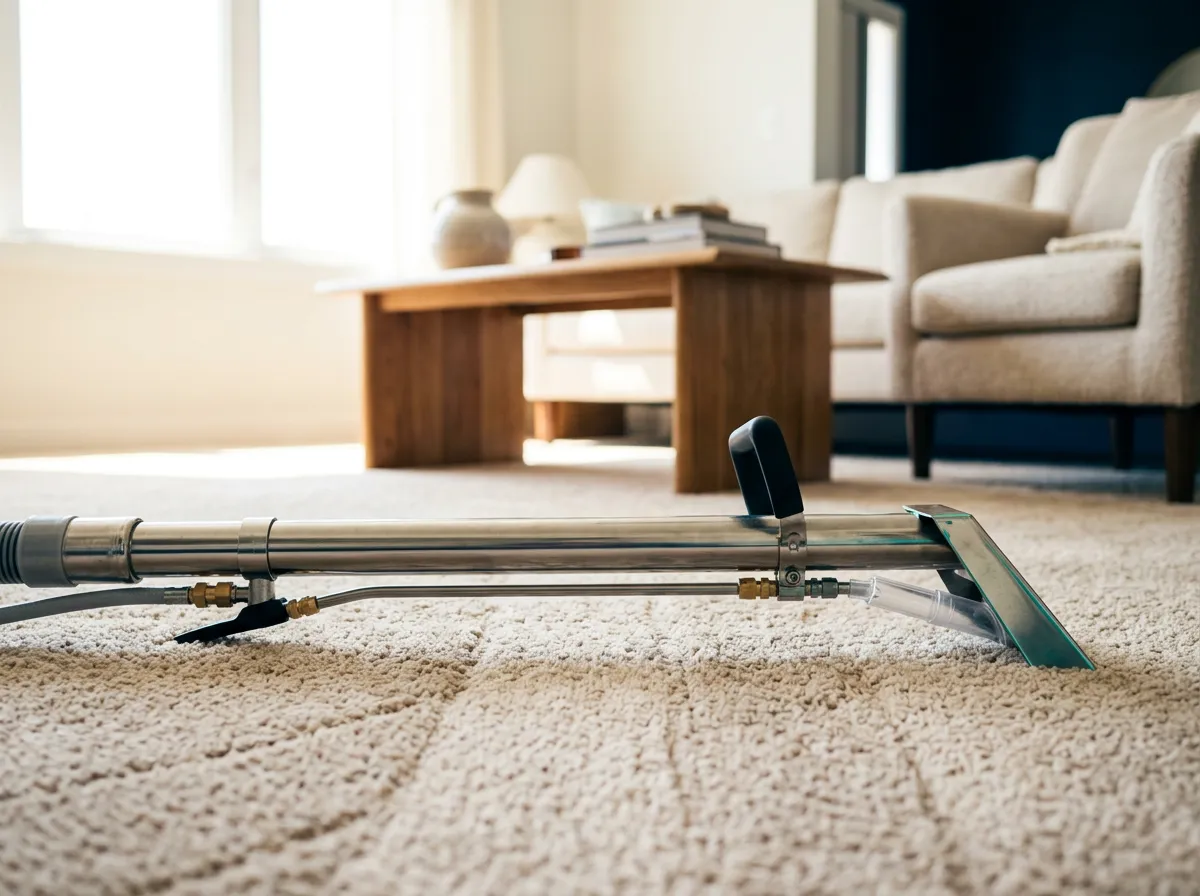 Professional carpet cleaning extraction equipment in a sunlit living room