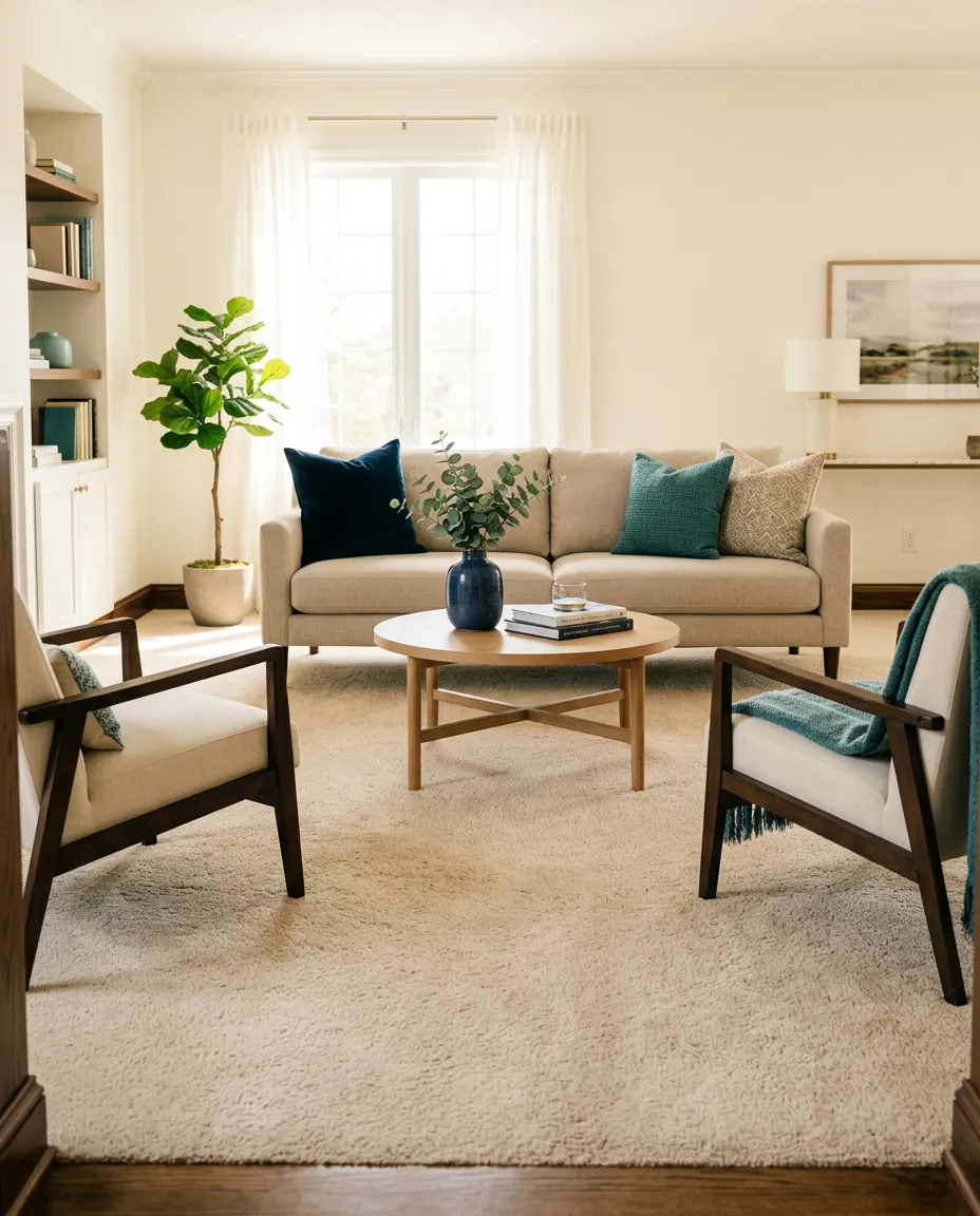 Bright, sunlit Lakewood living room with clean, freshly restored carpet and comfortable modern furniture