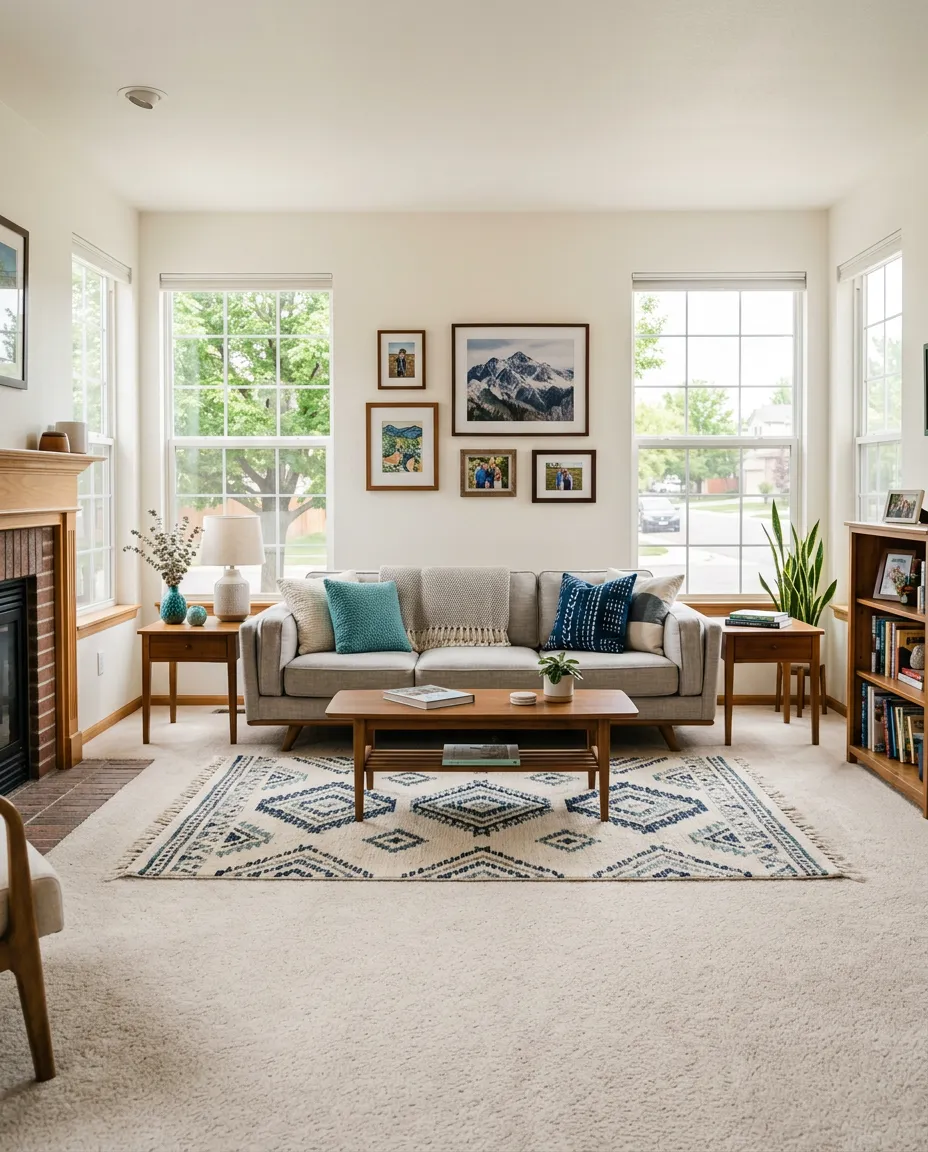 Bright, comfortable Denver family living room featuring a clean, soft area rug and warm natural lighting