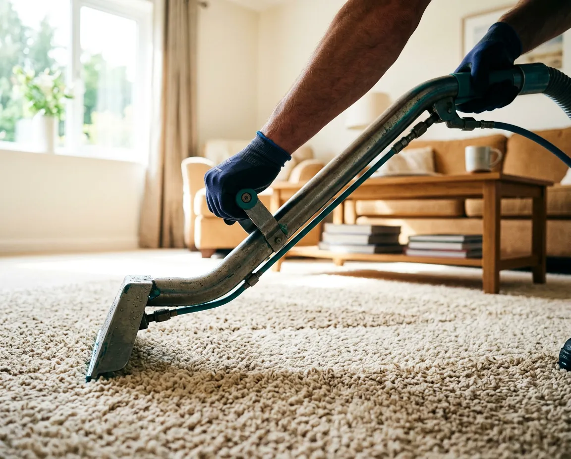 Candid view of professional carpet technicians carefully operating steam extraction equipment in a bright living room
