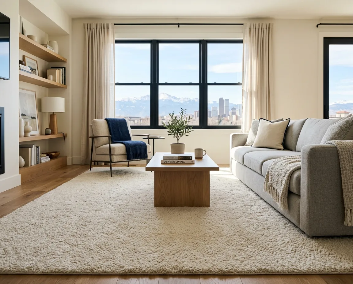 Bright, sunlit Denver living room with beautifully clean carpet and welcoming modern furniture