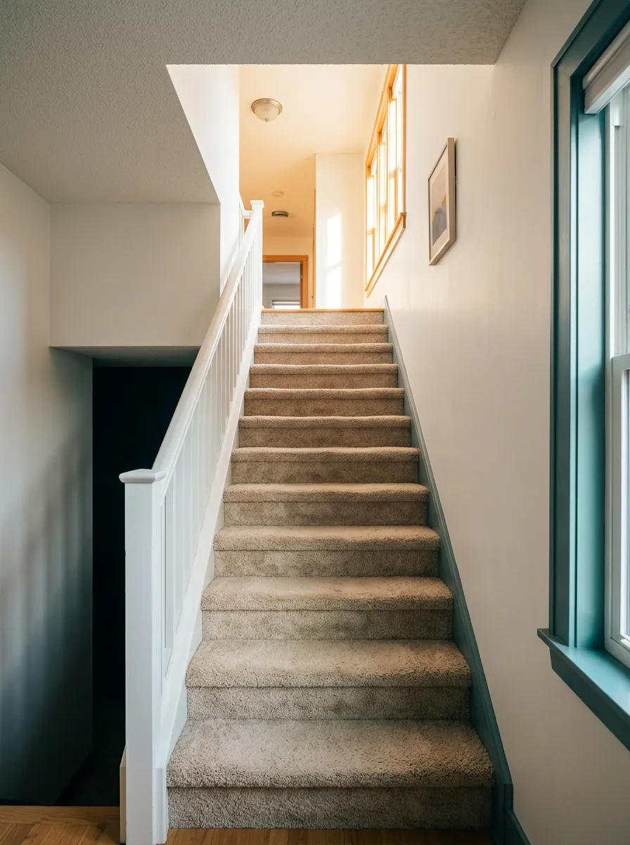 Immaculate carpeted staircase and bright upstairs hallway in an Englewood home