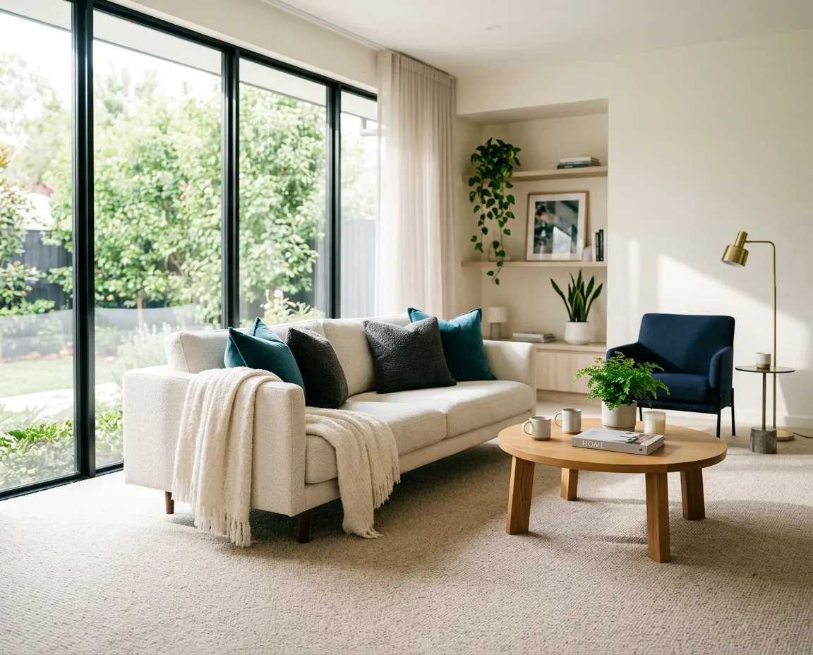 Sunlit modern Aurora living room with clean, plush beige carpeting and natural window lighting
