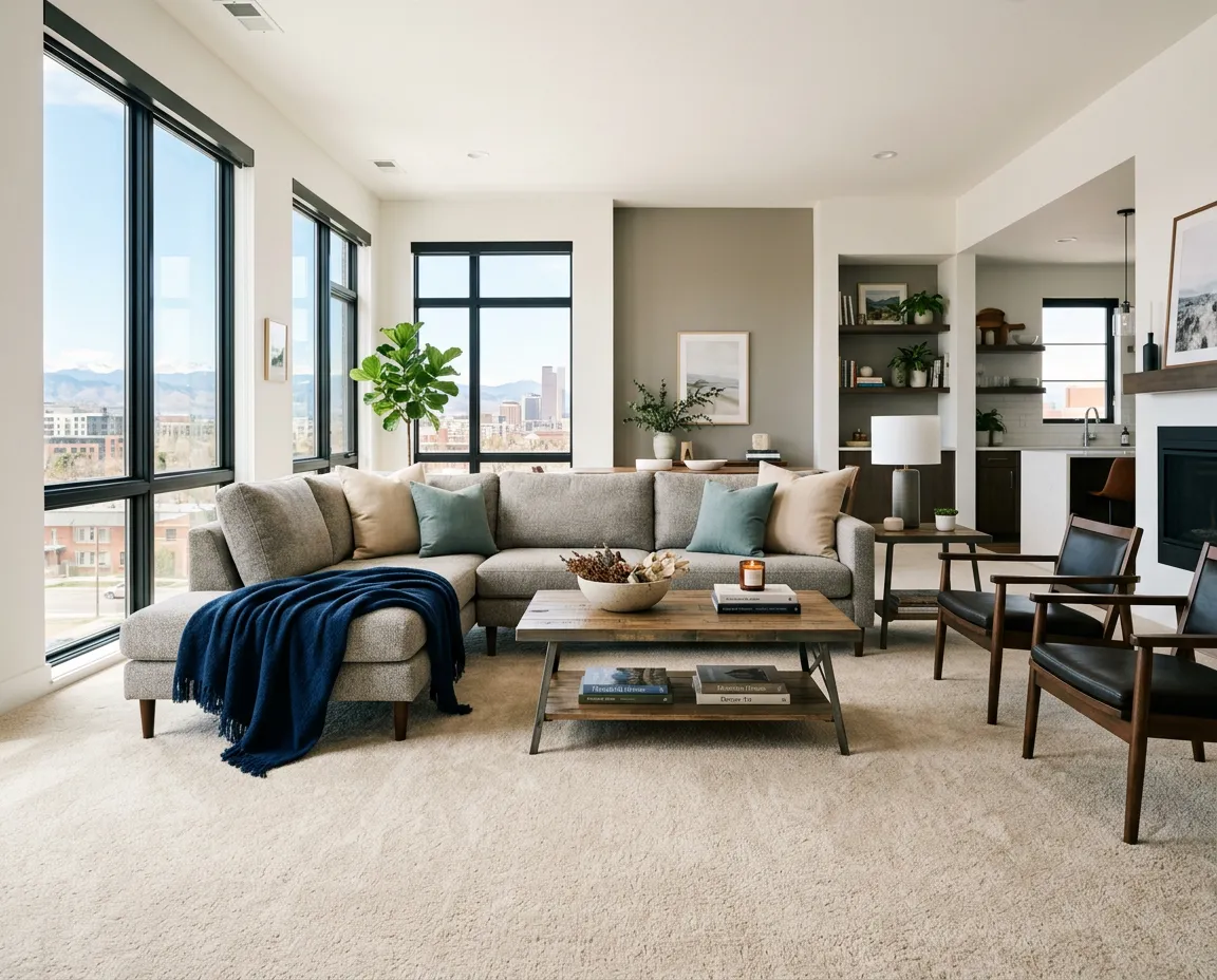 Bright and clean living room interior in a modern Denver home with fresh soft carpeting and natural sunlight