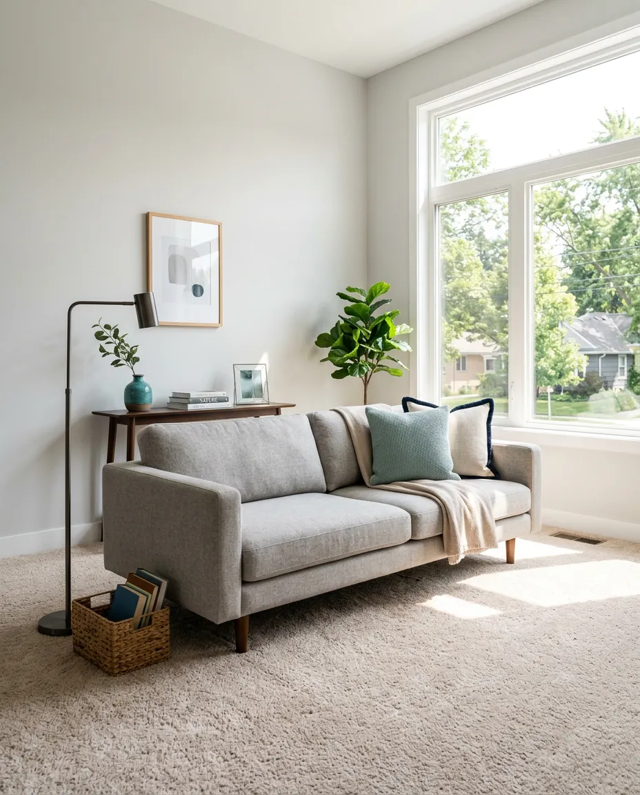Bright, naturally lit Englewood living room with pristine clean carpets