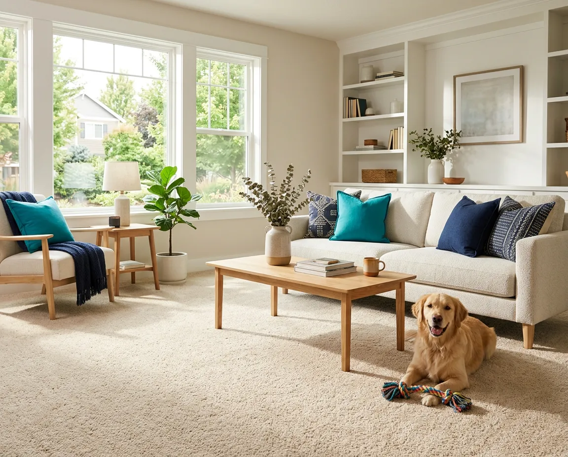 Sunlit Littleton home interior featuring immaculate, clean living room carpeting