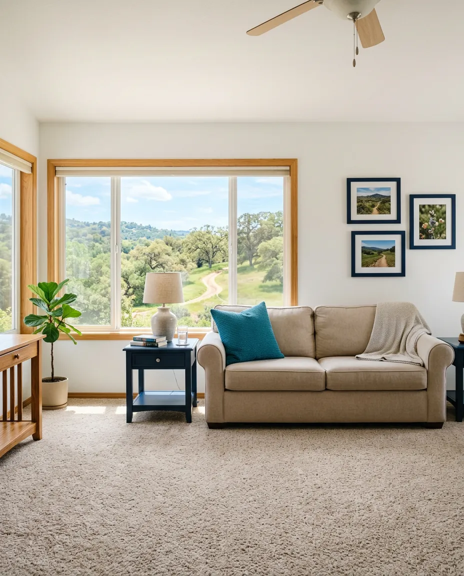 Bright and sunlit Lakewood living room with clean, freshly refreshed carpet