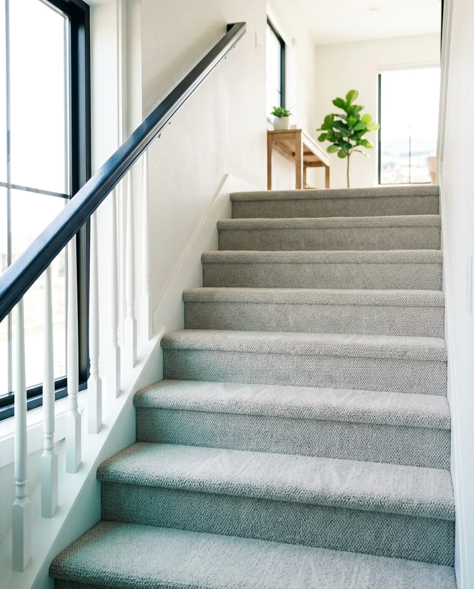 Bright and spotless carpeted residential stairs in a contemporary Denver residence