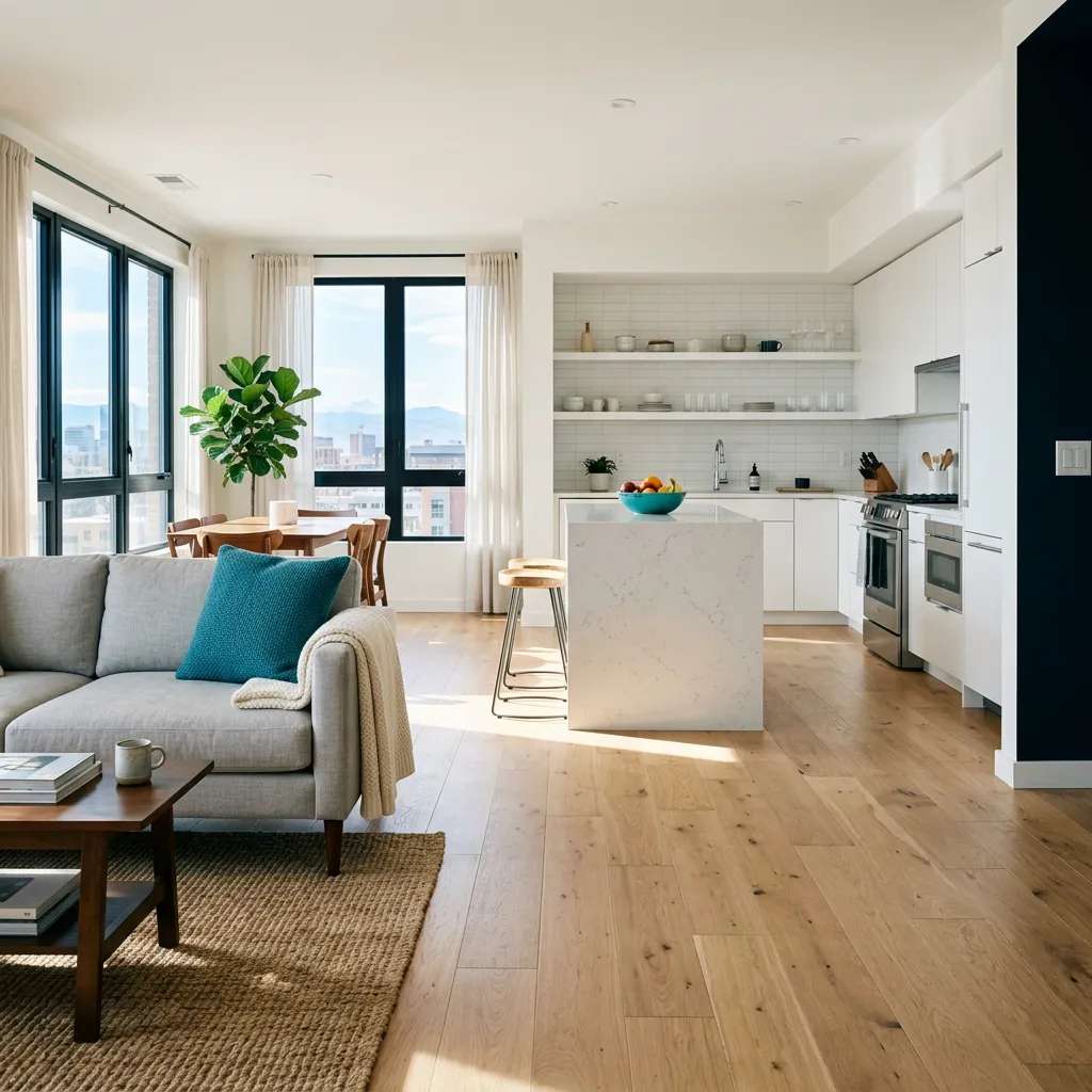 Sparkling clean, sunlit Denver apartment interior with pristine hardwood floors and bright kitchen