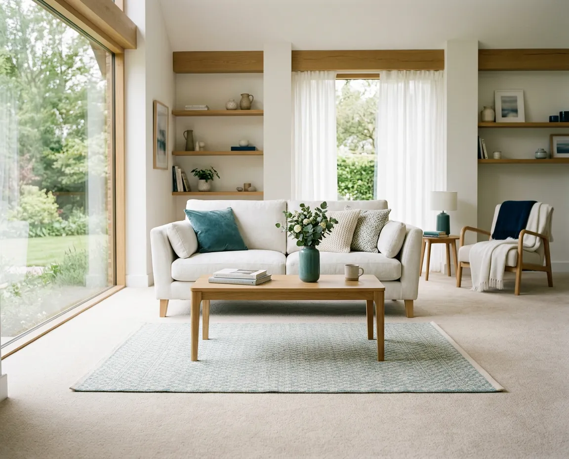 Bright, sun-drenched modern living room with freshly cleaned spotless carpet and light furniture