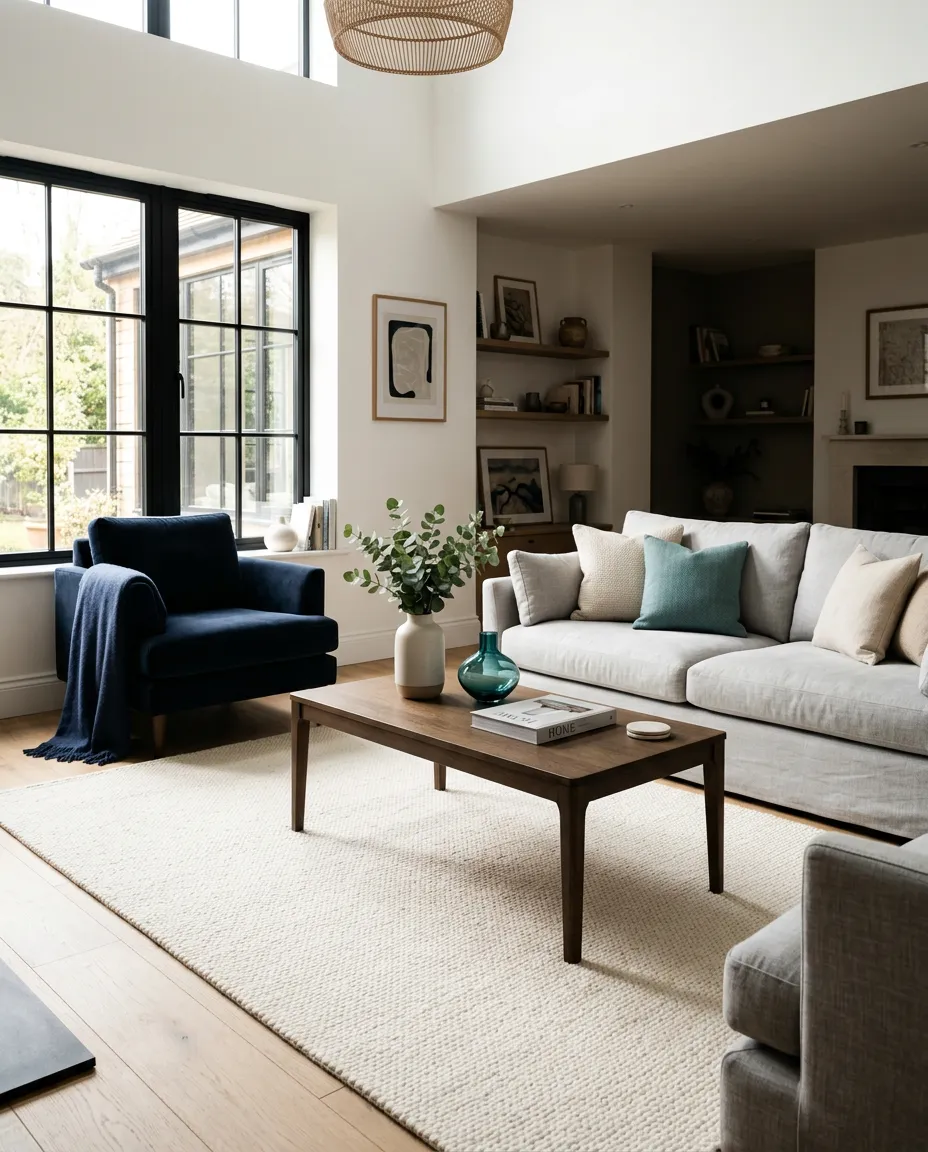 Bright sunlit modern living room with pristine clean carpet and cozy family seating
