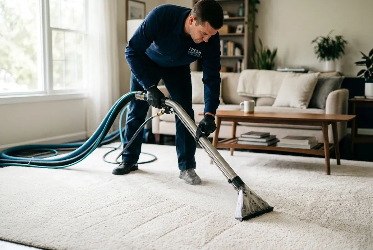 Carpet cleaning technician operating a high-powered steam extraction wand across living room carpet in a naturally lit home, showing focused hands-on technique without faces looking at the camera