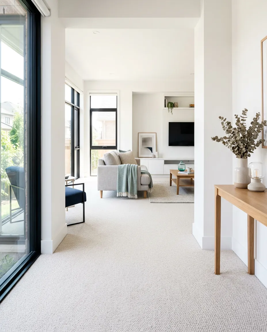 Bright sunlit modern living room interior in an Aurora family home with pristine clean carpeting