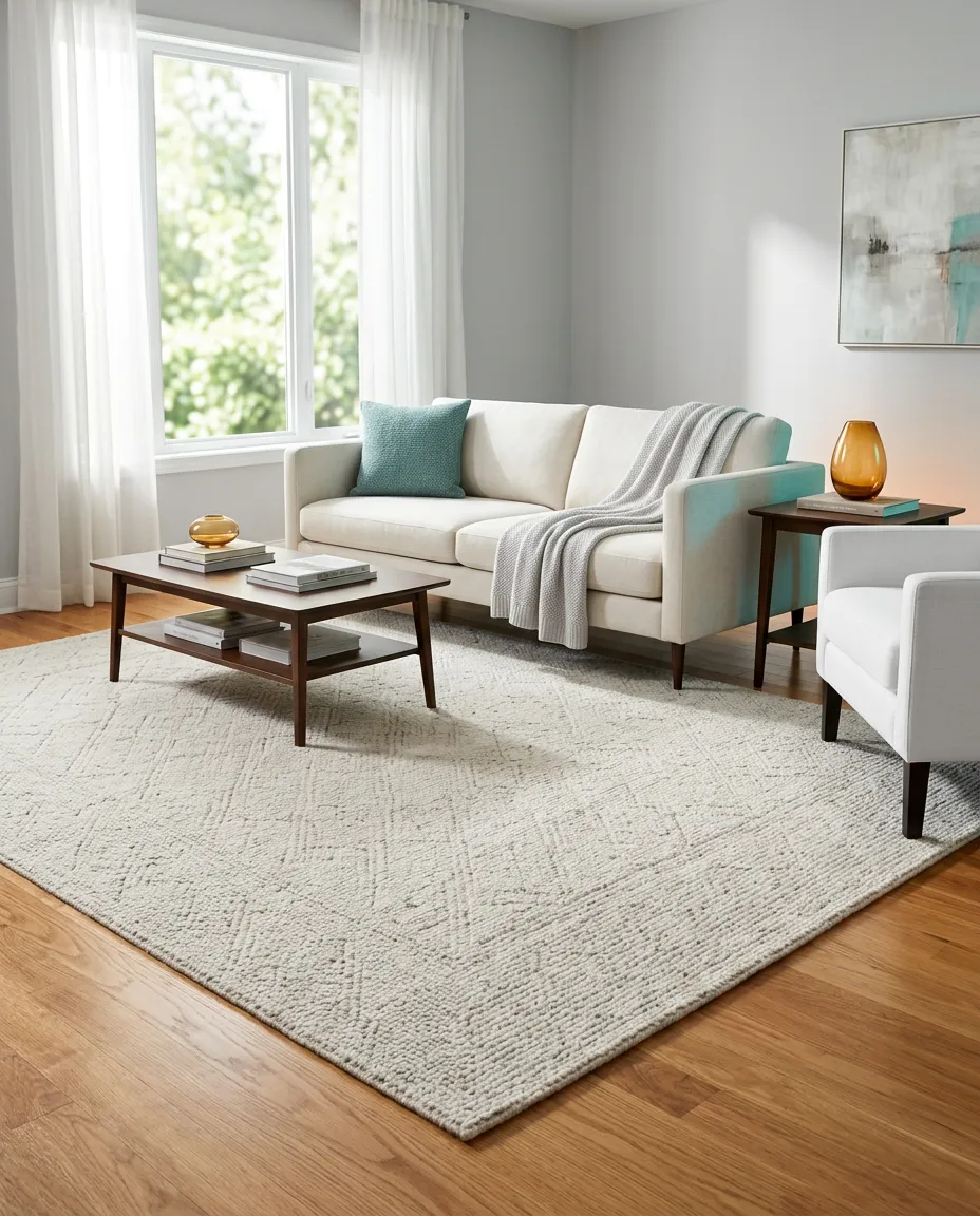 Bright and clean living room featuring a fresh, restored wool area rug over hardwood flooring