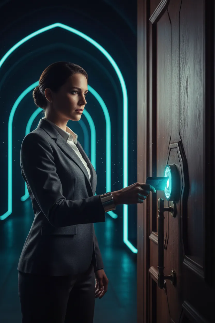 Confident professional unlocking a door, symbolizing a new chapter and private-portal access.