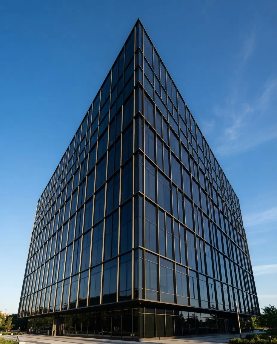 Sleek modern institutional commercial glass tower corner against an open sky representing institutional scale