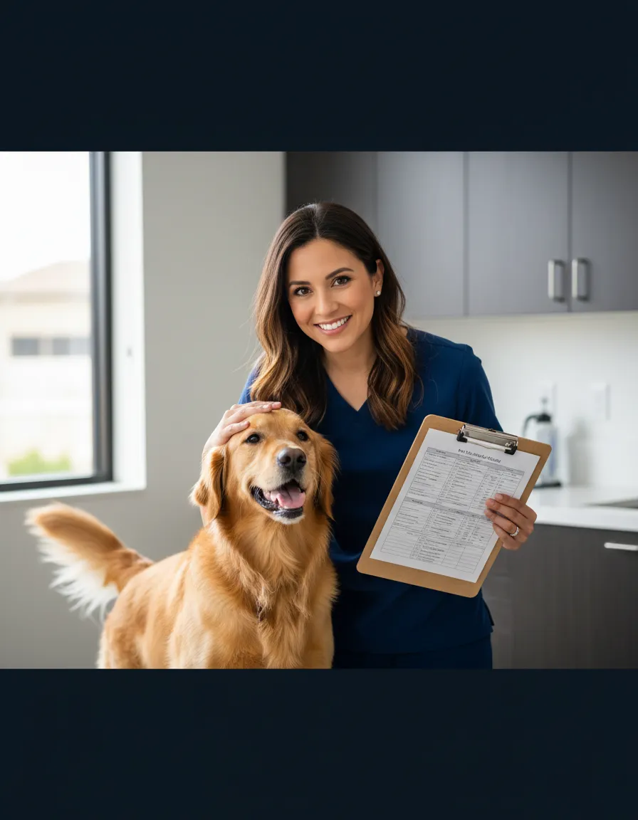 Dr. Faith with a pet, holding the essential pet health checklist guide