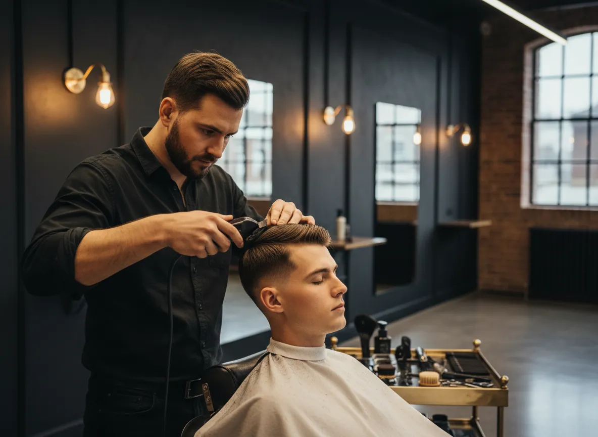 Barber giving a precise fade in a modern industrial barbershop