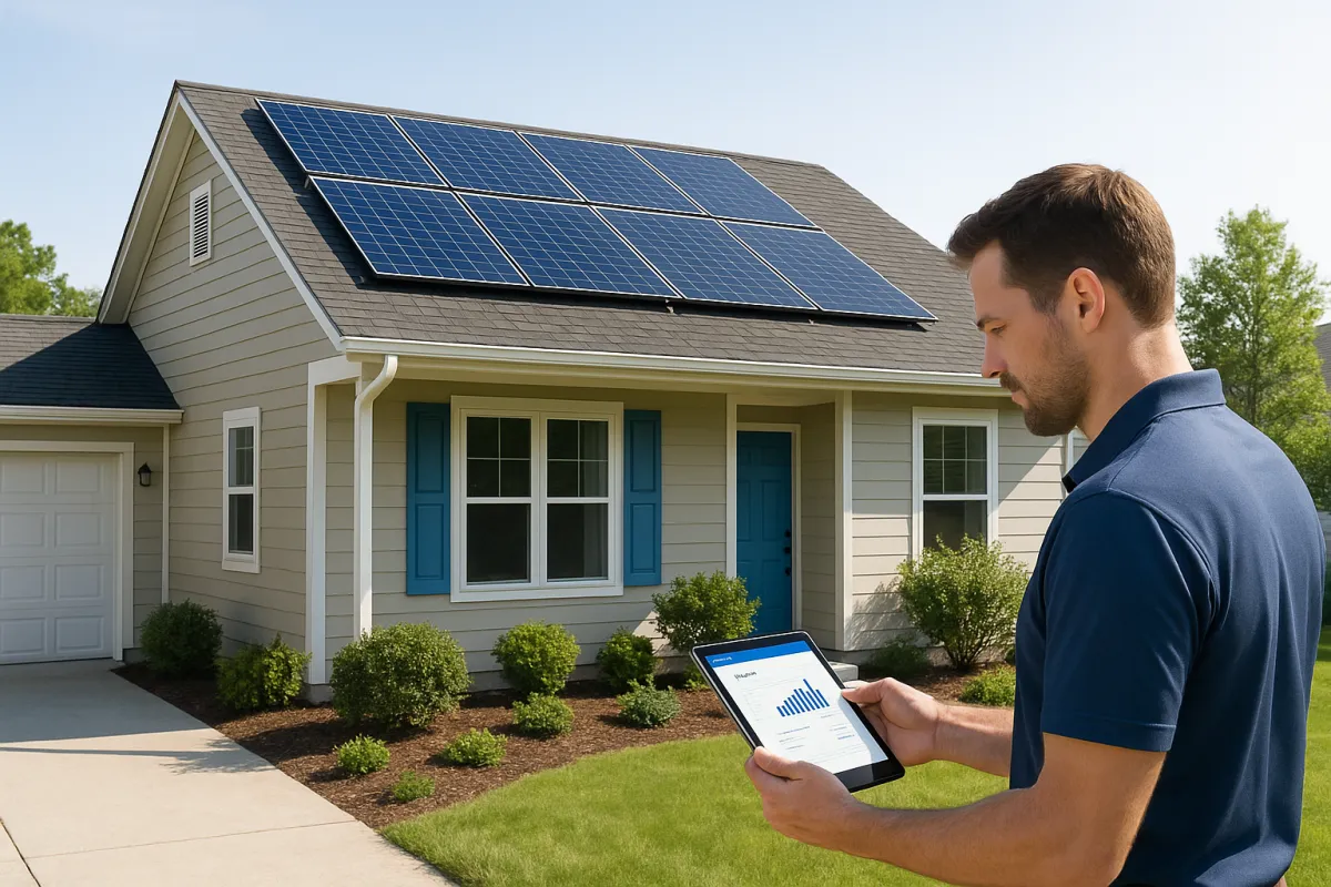 Suburban home with rooftop solar and savings estimate on tablet