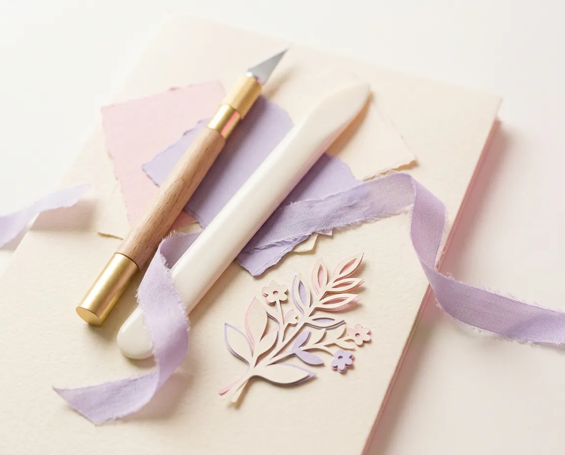 Artisan papercraft scissors, pastel cardstock paper, bone folder, and delicate floral papercut tools arranged on an artist workbench