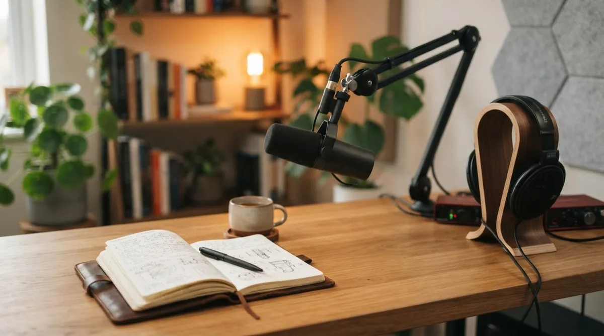 The Soulful and Sober Podcast recording setup with microphone and warm journal