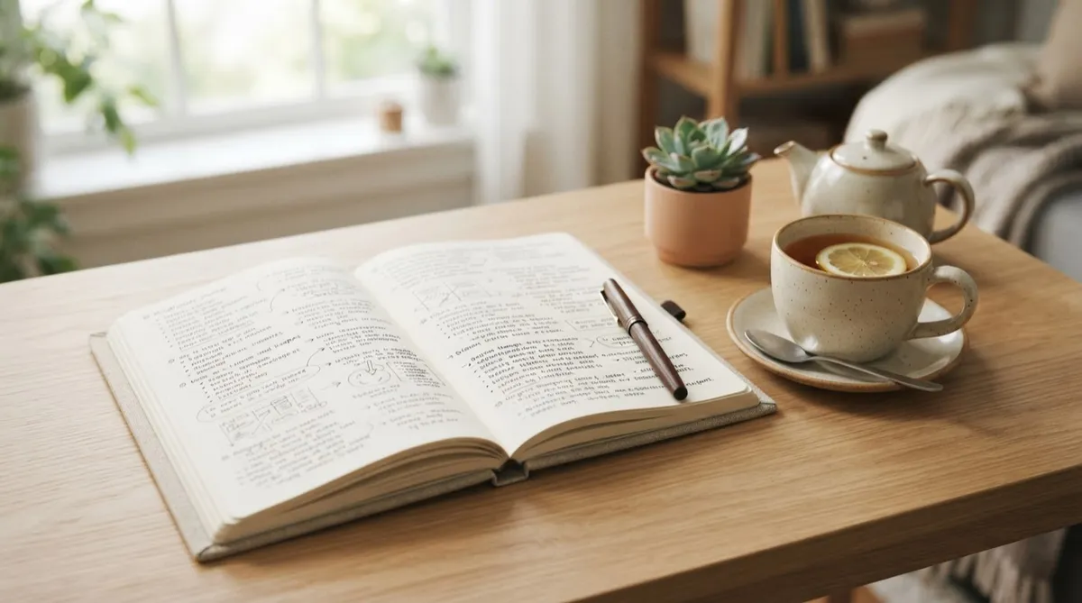 Open mindful journal and cup of tea representing reflective blog writings