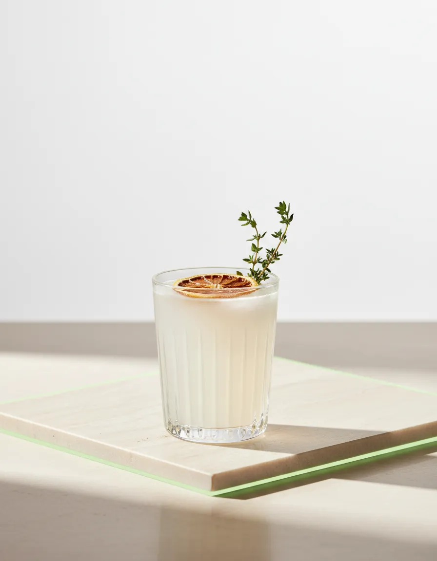 Elegant botanical mocktail in a beautiful glass, high-key lighting