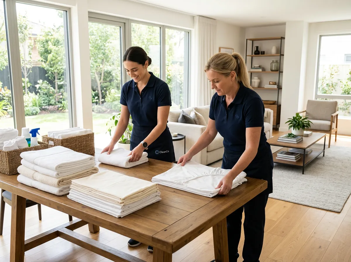 Two cleaners in green branded shirts folding a white towel together in a sunny living space.