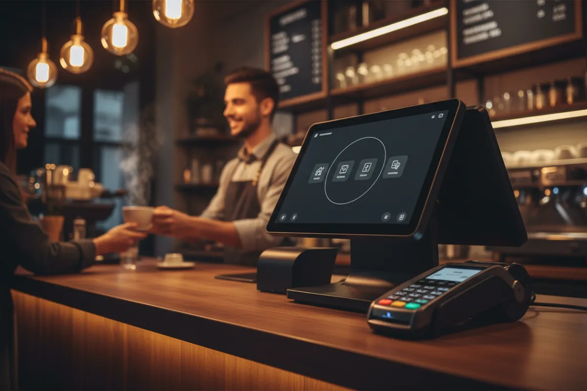 Moderne horecakassa met touchscreen en kaartterminal op houten toonbank, barista serveert koffie op achtergrond, warme verlichting, toont eenvoudig afrekenen en vriendelijke service.