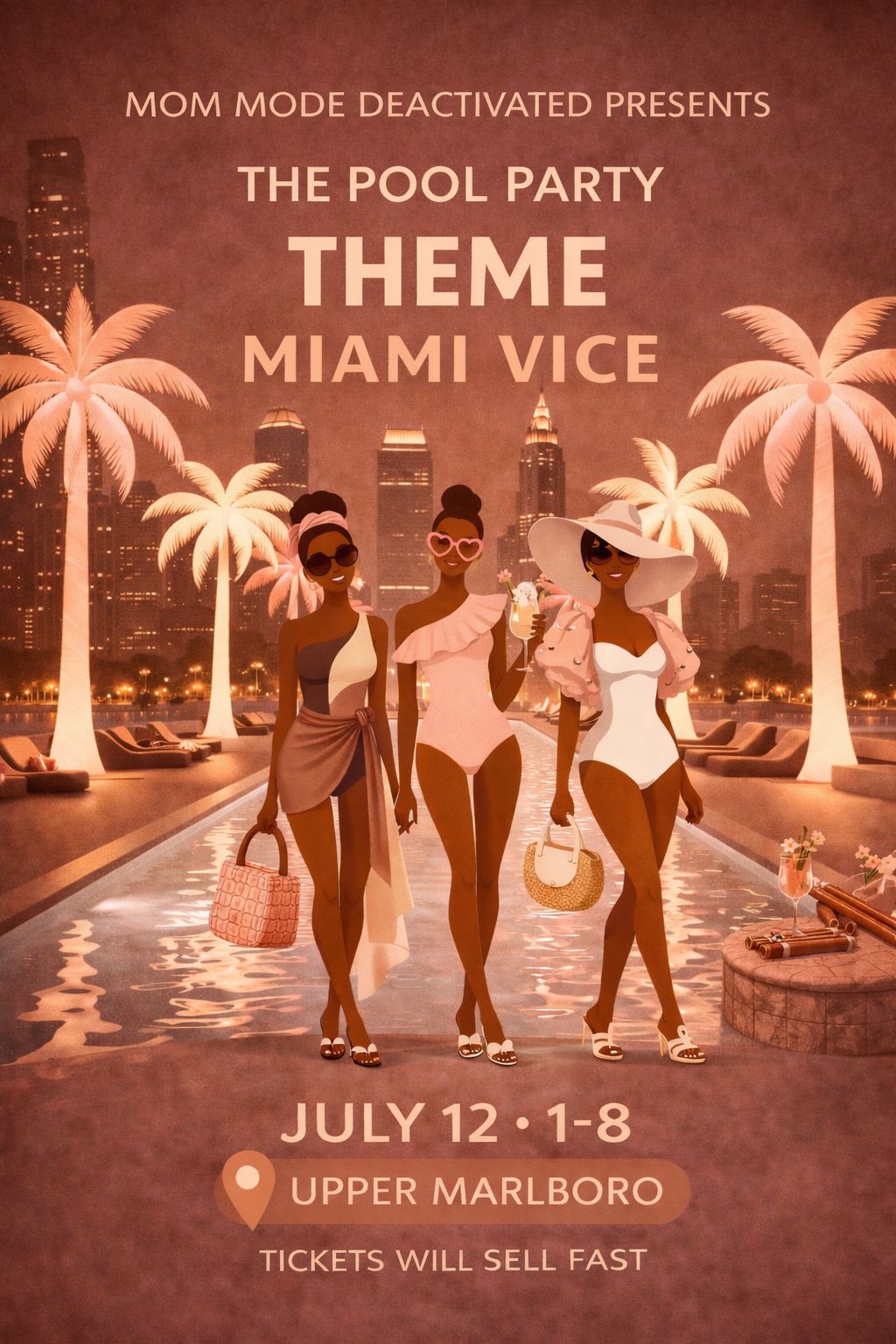 Three women in retro swimwear by a pool at sunset with Miami skyline