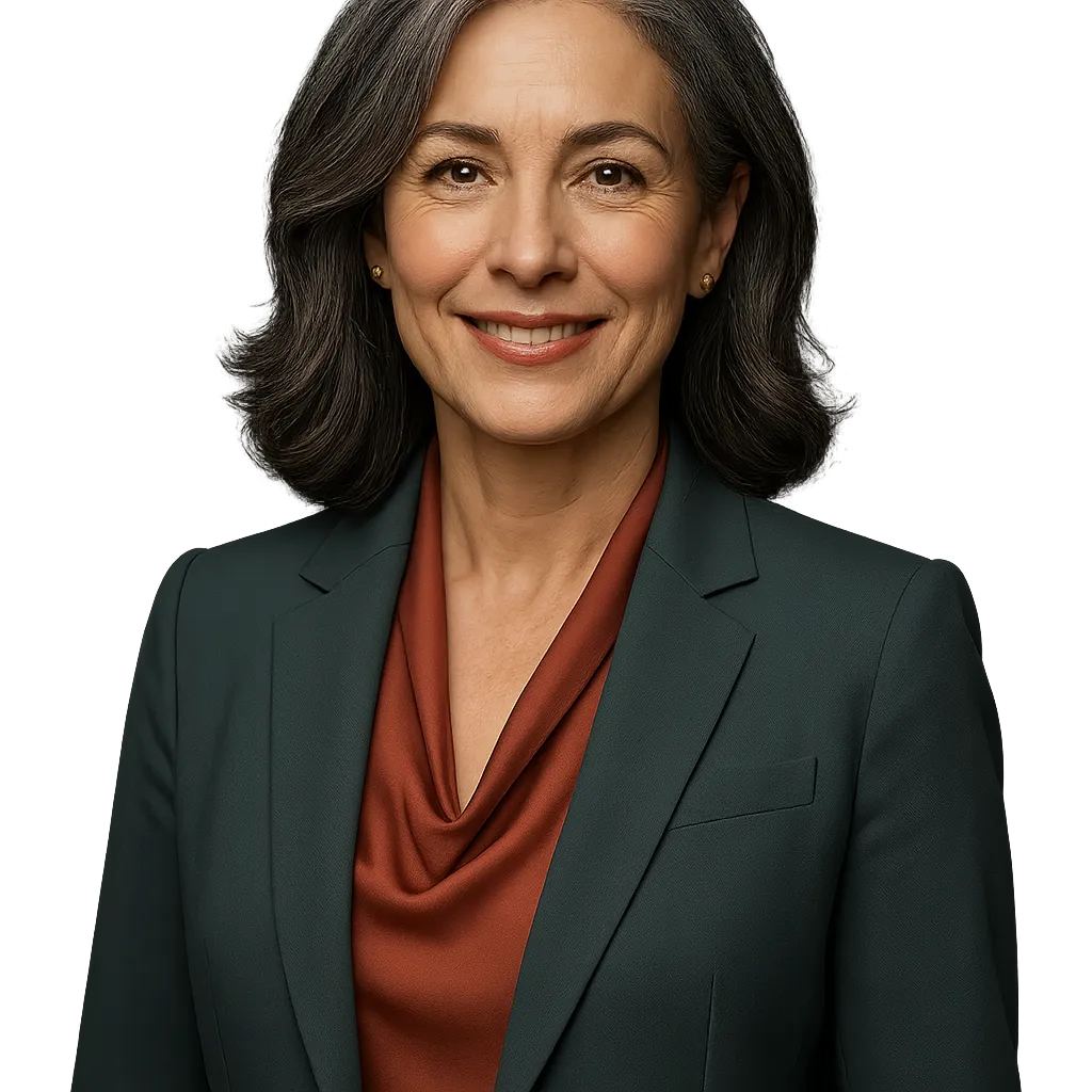 Confident, poised executive woman in her 50s standing in an elegant sunlit office setting, exuding radiant vitality