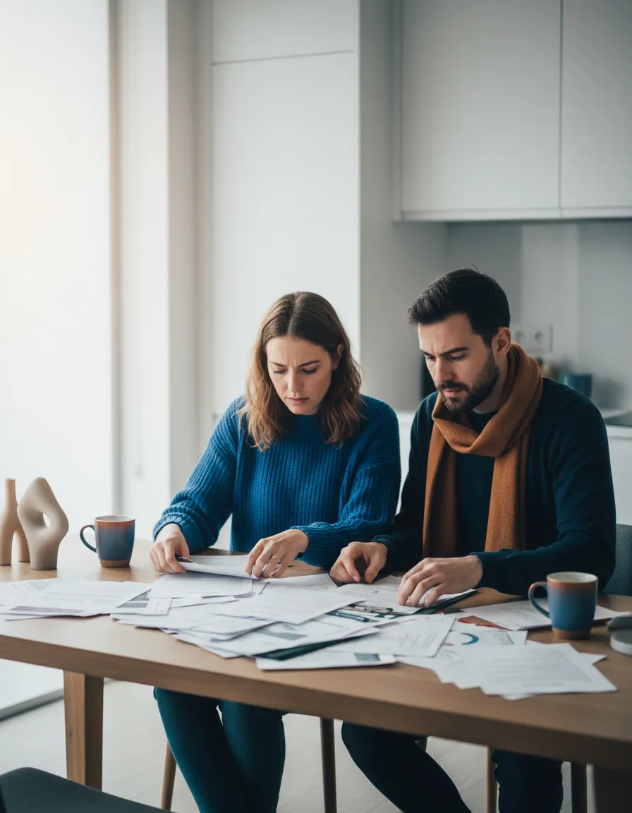 Stressed homebuyer overwhelmed by chaotic paperwork