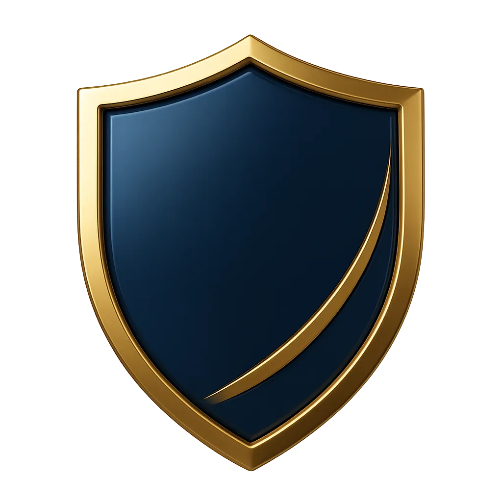Escudo dorado y azul marino que representa garantía y solidez legal