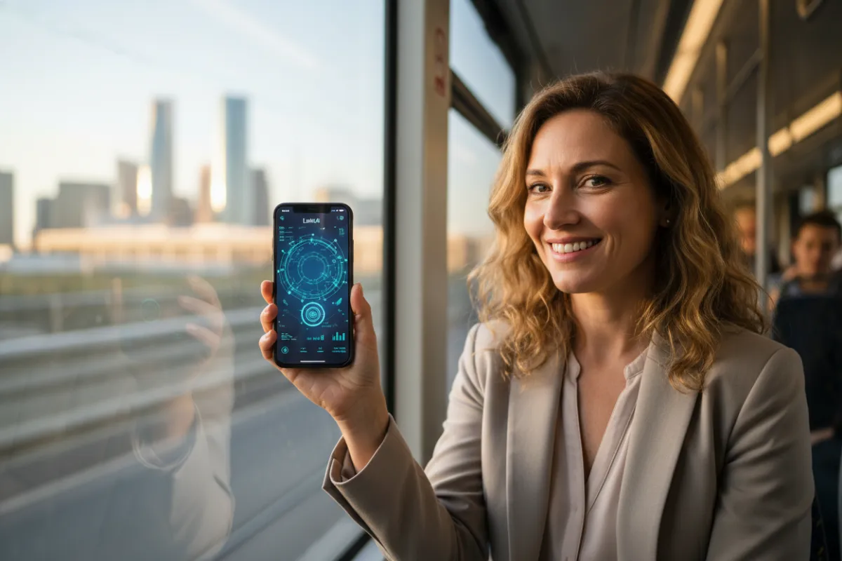 Photo of a businesswoman using the LinkAI mobile app on a tram, cityscape outside, app interface visible, natural light, candid and relatable.