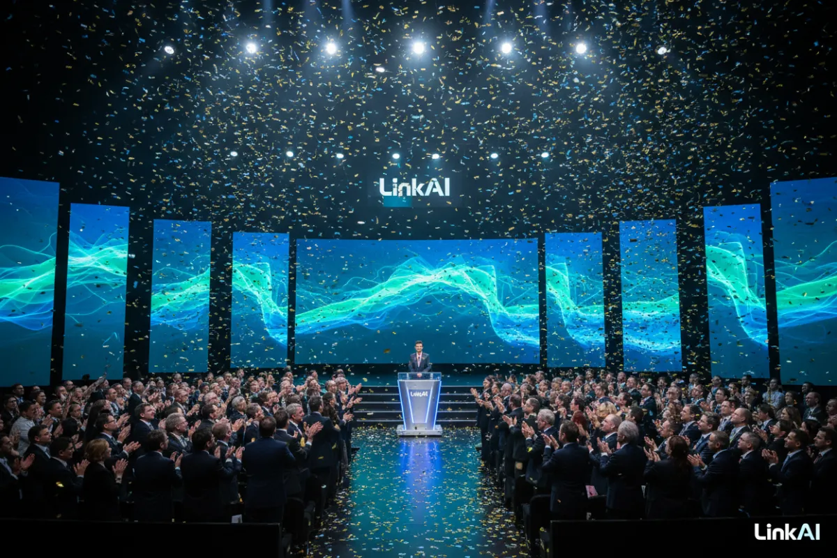 Dynamic image of a product launch event, stage with large digital screens, audience in business attire, confetti, and LinkAI branding prominent.