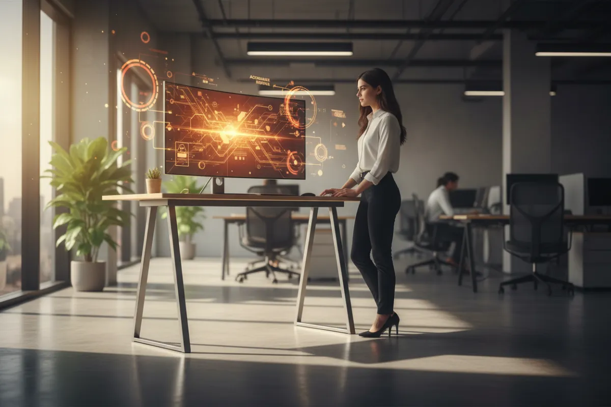 A marketing strategist at a standing desk, annotated AI signals on a monitor.