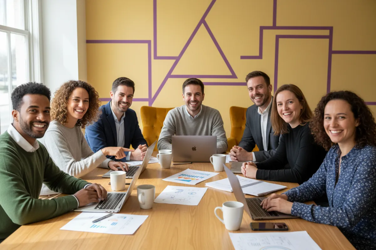 A realistic photo of a smiling team of digital marketing experts gathered around a table with laptops, notepads, and coffee mugs, in a bright workspace with butter yellow walls and violet accents, conveying approachability and expertise.