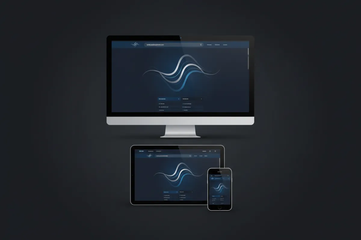 Three-image product collage showing white-label desktop, mobile, and tablet mockups with branded skins and domain customization.