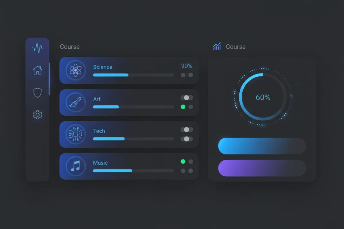 Membership dashboard screenshot showing course list, progress bars, and access controls